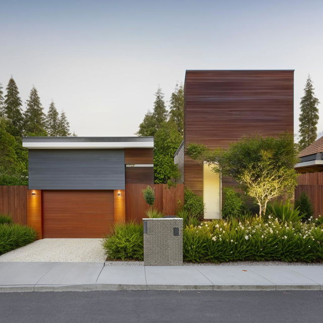 A 22x55 contemporary home design featuring an appealing front garden with lush greenery and a well-organized car parking area