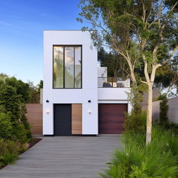 A 22x55 contemporary home design featuring an appealing front garden with lush greenery and a well-organized car parking area