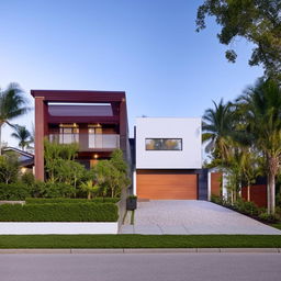 A 22x55 contemporary home design featuring an appealing front garden with lush greenery and a well-organized car parking area