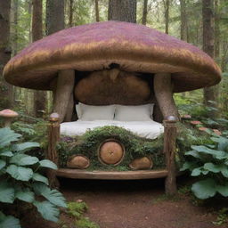 A whimsical bed crafted from large, magical mushrooms with intricate details, nestled in a lush, dreamy forest