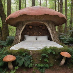 A whimsical bed crafted from large, magical mushrooms with intricate details, nestled in a lush, dreamy forest