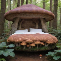 A whimsical bed crafted from large, magical mushrooms with intricate details, nestled in a lush, dreamy forest