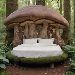 A whimsical bed crafted from large, magical mushrooms with intricate details, nestled in a lush, dreamy forest