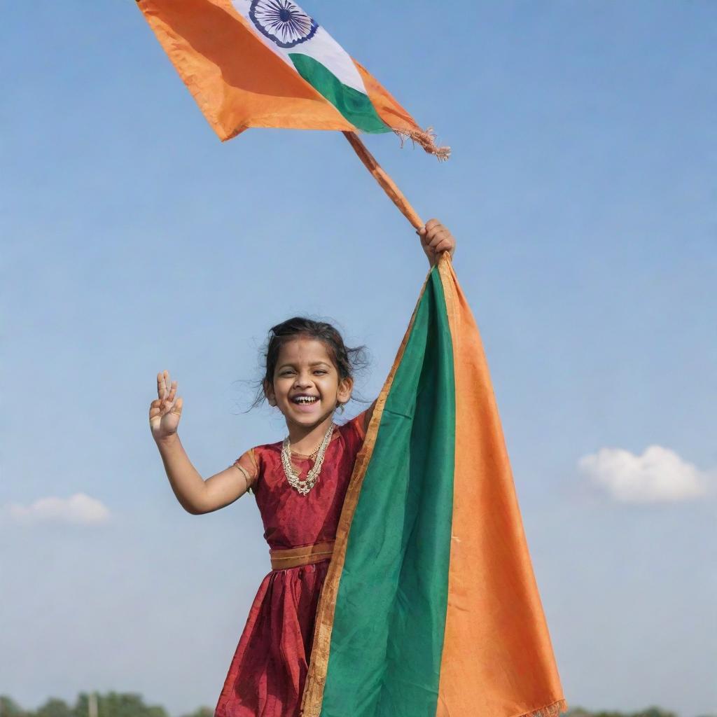 A joyful child dressed in vibrant, cultural Indian attire holding a waving Indian flag against a bright sky