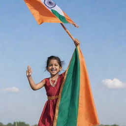 A joyful child dressed in vibrant, cultural Indian attire holding a waving Indian flag against a bright sky