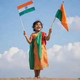 A joyful child dressed in vibrant, cultural Indian attire holding a waving Indian flag against a bright sky