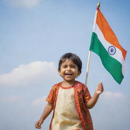 A joyful child dressed in vibrant, cultural Indian attire holding a waving Indian flag against a bright sky