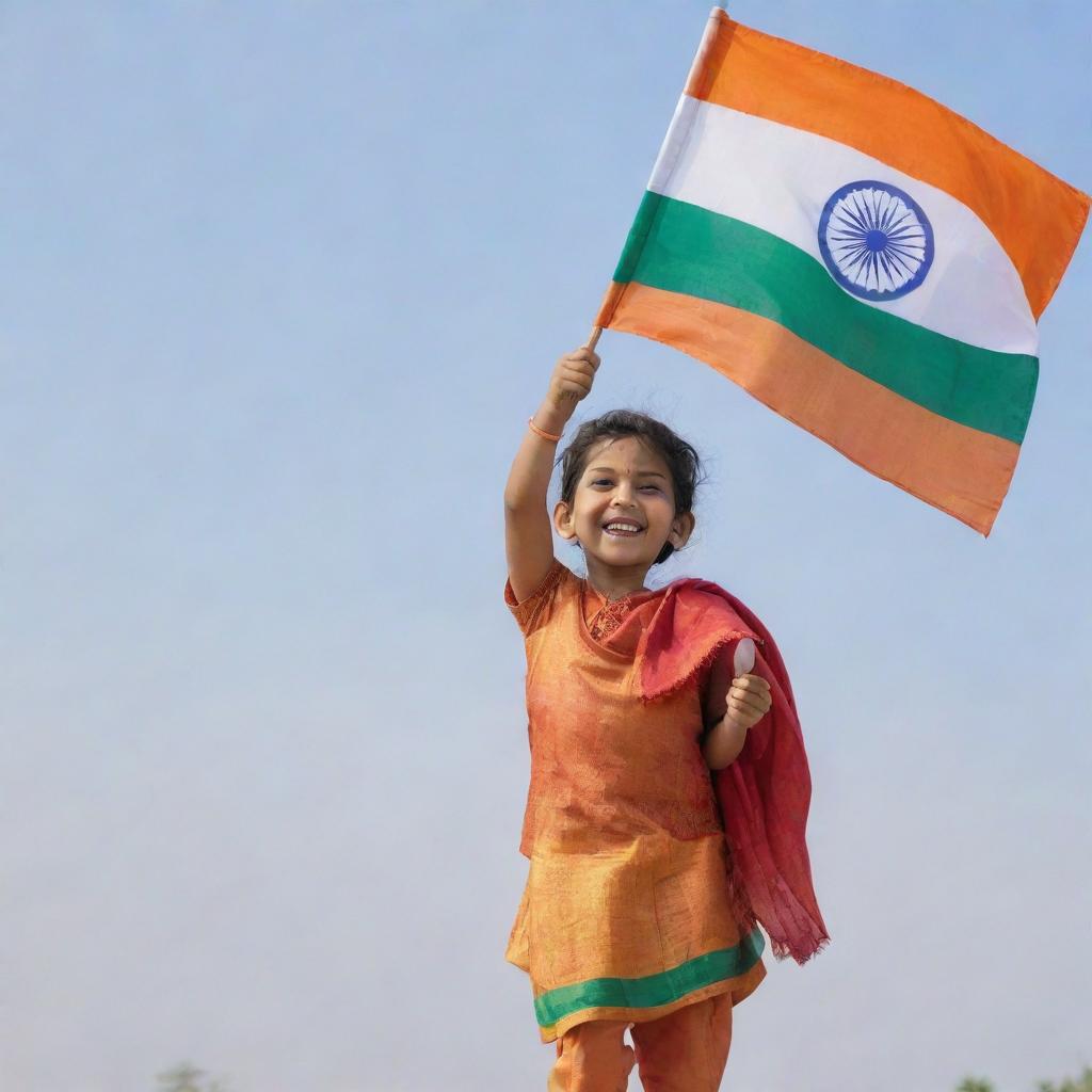 A joyful child dressed in vibrant, cultural Indian attire holding a waving Indian flag against a bright sky