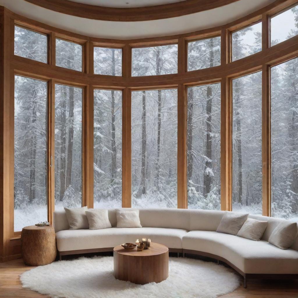 Cozy indoor space with large windows, revealing an enchanting, snow-covered forest beyond. Merge the warmth of indoors with the splendor of a winter wonderland.