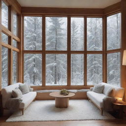 Cozy indoor space with large windows, revealing an enchanting, snow-covered forest beyond. Merge the warmth of indoors with the splendor of a winter wonderland.