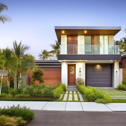 A 22x55 contemporary home design featuring an appealing front garden with lush greenery and a well-organized car parking area