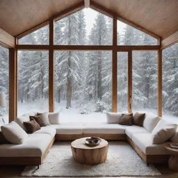 Cozy indoor space with large windows, revealing an enchanting, snow-covered forest beyond. Merge the warmth of indoors with the splendor of a winter wonderland.