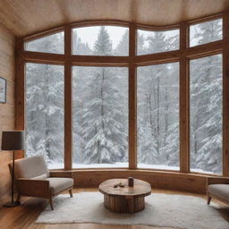 Cozy indoor space with large windows, revealing an enchanting, snow-covered forest beyond. Merge the warmth of indoors with the splendor of a winter wonderland.