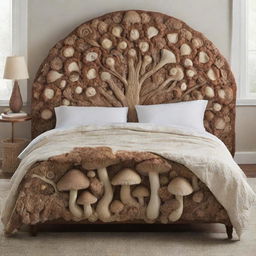 An intricately designed bed with elements inspired by mushrooms, exhibiting a whimsical aesthetic in its detailing, headboard, and bed covers