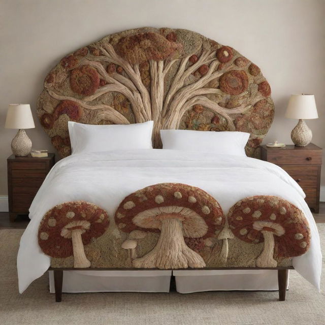 An intricately designed bed with elements inspired by mushrooms, exhibiting a whimsical aesthetic in its detailing, headboard, and bed covers