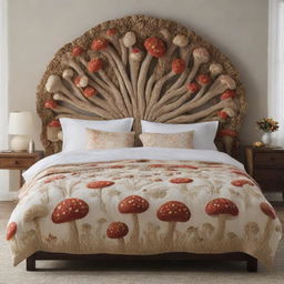 An intricately designed bed with elements inspired by mushrooms, exhibiting a whimsical aesthetic in its detailing, headboard, and bed covers