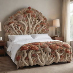 An intricately designed bed with elements inspired by mushrooms, exhibiting a whimsical aesthetic in its detailing, headboard, and bed covers