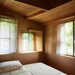 A cozy room featuring three walls, each with a distinct window. In the room, there's a comfortable bed and a study table.