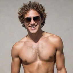 A confident young man with a toned body, short curly hair, and dark sunglasses, smiling without a shirt