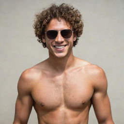 A confident young man with a toned body, short curly hair, and dark sunglasses, smiling without a shirt