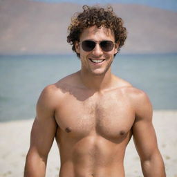 A confident young man with a toned body, short curly hair, and dark sunglasses, smiling without a shirt