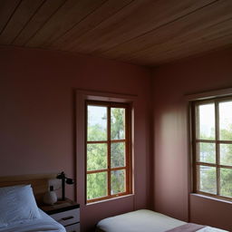 A cozy room featuring three walls, each with a distinct window. In the room, there's a comfortable bed and a study table.