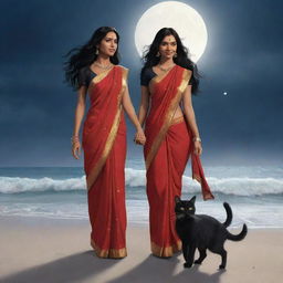 An animation of a adorable cat and its owner, an Indian woman with long black hair in a red saree, strolling on a stormy beach under the moon's glow.