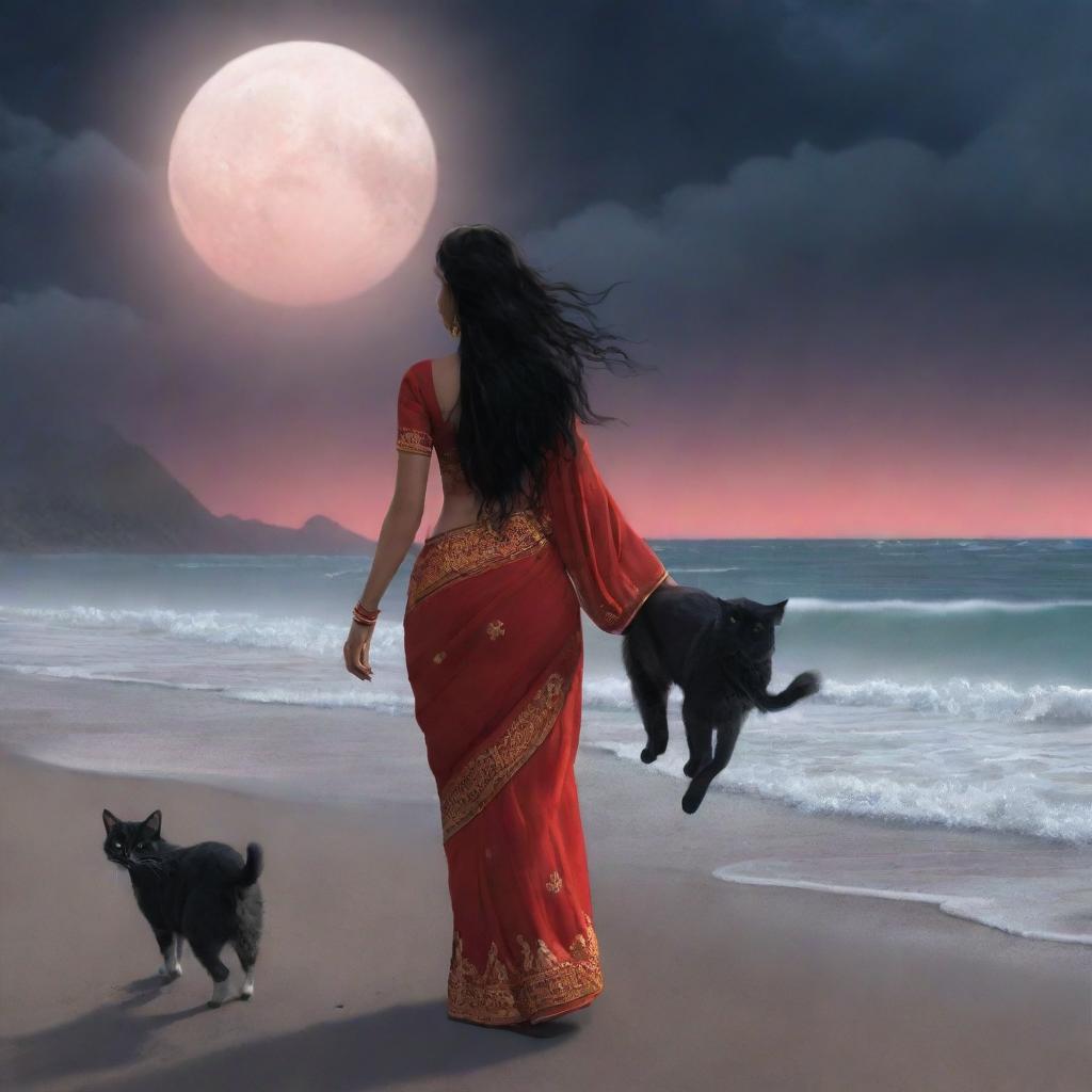 An animation of a adorable cat and its owner, an Indian woman with long black hair in a red saree, strolling on a stormy beach under the moon's glow.