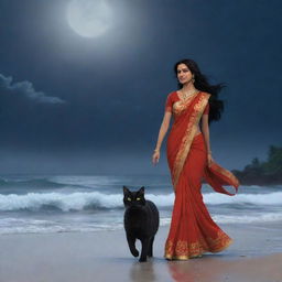 An animation of a adorable cat and its owner, an Indian woman with long black hair in a red saree, strolling on a stormy beach under the moon's glow.