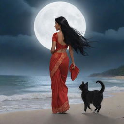 An animation of a adorable cat and its owner, an Indian woman with long black hair in a red saree, strolling on a stormy beach under the moon's glow.