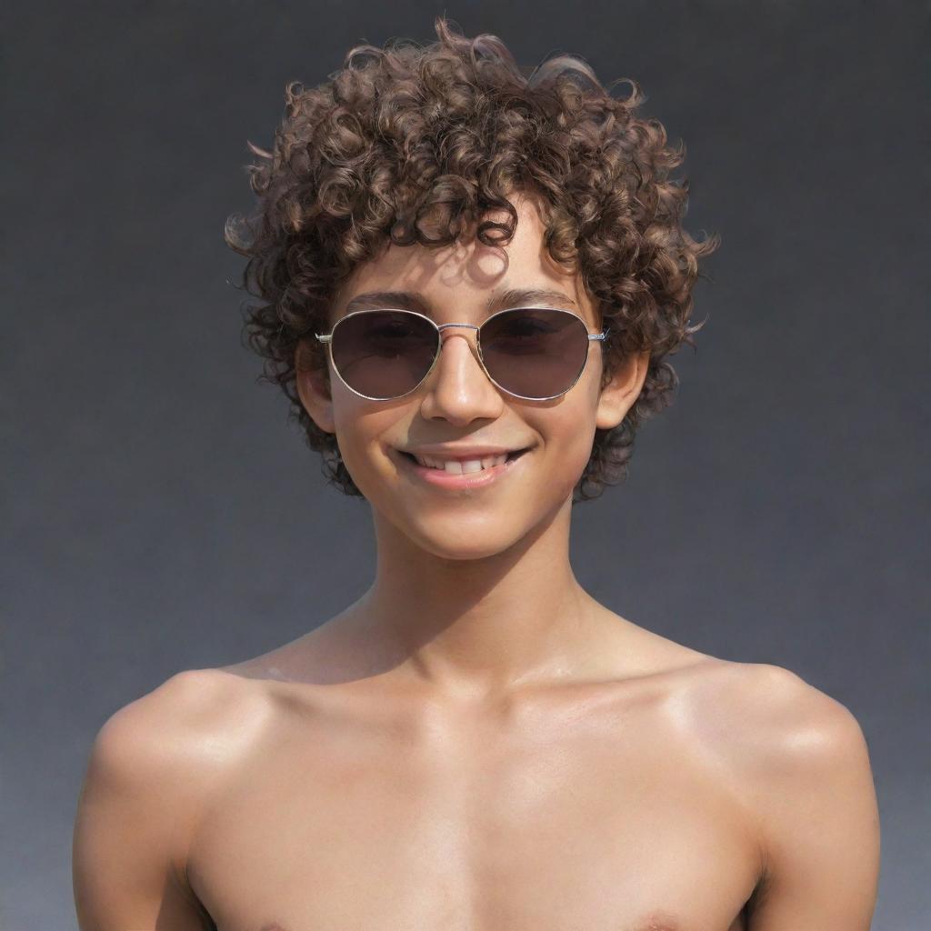 A young, toned boy without a shirt, short curly hair, confidently smiling, wearing dark sunglasses in a detailed anime style.