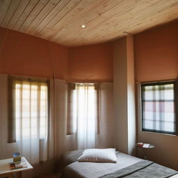 A cozy room featuring three walls, each with a distinct window. In the room, there's a comfortable bed and a study table.