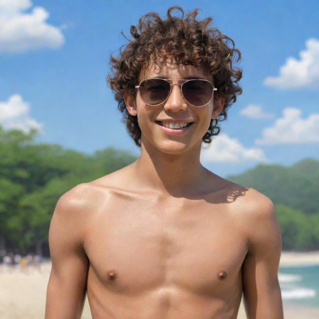 A young, toned boy without a shirt, short curly hair, confidently smiling, wearing dark sunglasses in a detailed anime style.