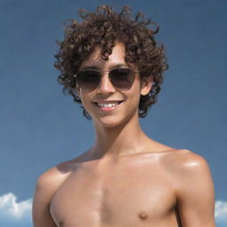 A young, toned boy without a shirt, short curly hair, confidently smiling, wearing dark sunglasses in a detailed anime style.