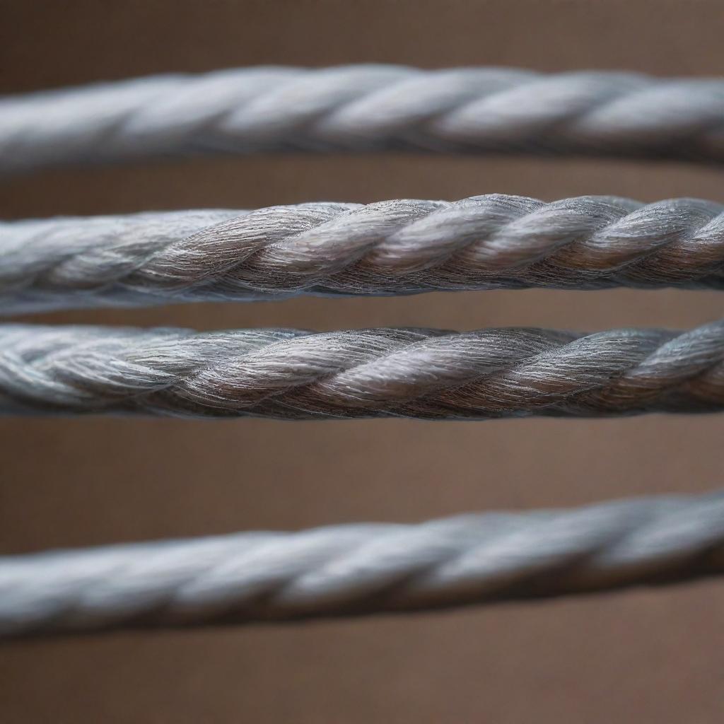 A close-up view of a twisted, textured cable, shimmering under soft ambient light, blending the complexities of technology and the beauty of macro photography