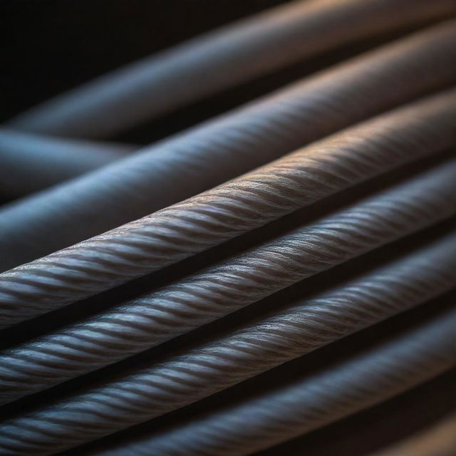 A close-up view of a twisted, textured cable, shimmering under soft ambient light, blending the complexities of technology and the beauty of macro photography