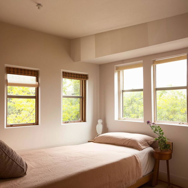 A cozy room featuring three walls, each with a distinct window. In the room, there's a comfortable bed and a study table.