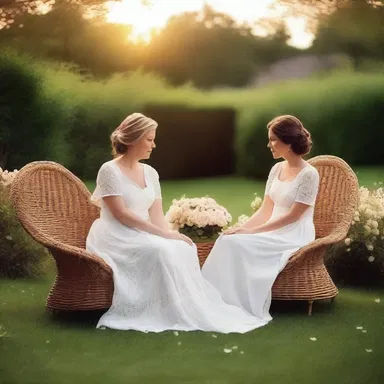 They sat together in the garden, surrounded by wicker furniture, enjoying a romantic sunset.