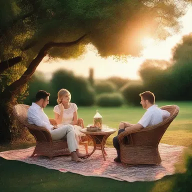 They sat together in the garden, surrounded by wicker furniture, enjoying a romantic sunset.