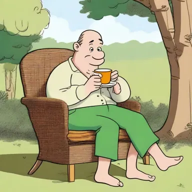 The character in the cartoon was sitting on a wicker chair while sipping tea.