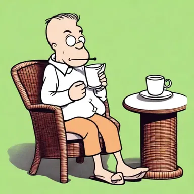 The character in the cartoon was sitting on a wicker chair while sipping tea.