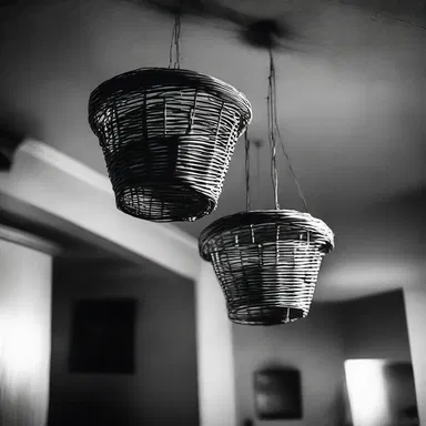 The haunted house had an eerie atmosphere with wicker baskets swinging from the ceiling.