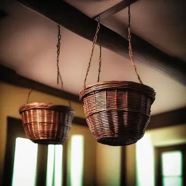 The haunted house had an eerie atmosphere with wicker baskets swinging from the ceiling.