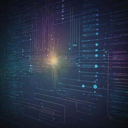 An intricate process chart brimming with data, on a technology-themed backdrop with digital circuits, using diverse hues to differentiate the various data points and nodes.