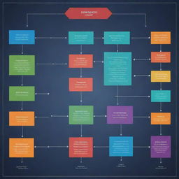 A complex yet intuitive process chart abundant in data set on a modern technological background. Each pathway and data point is color-coded for clarity and easy comprehension.