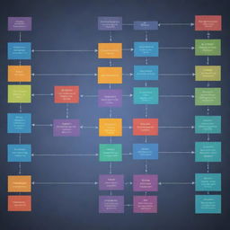 A complex yet intuitive process chart abundant in data set on a modern technological background. Each pathway and data point is color-coded for clarity and easy comprehension.