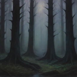 An eerie painting of a dark, dense forest, shrouded in mystery and filled with unknown creatures lurking amidst the trees under the cloak of twilight.