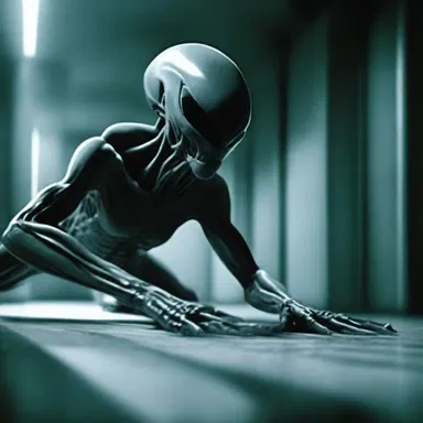 In the science fiction novel, the alien creature lurked in the shadows, lying in wait for the perfect moment to attack.