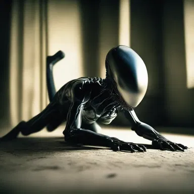 In the science fiction novel, the alien creature lurked in the shadows, lying in wait for the perfect moment to attack.