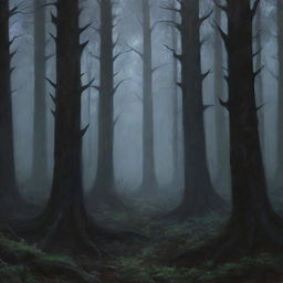 An eerie painting of a dark, dense forest, shrouded in mystery and filled with unknown creatures lurking amidst the trees under the cloak of twilight.